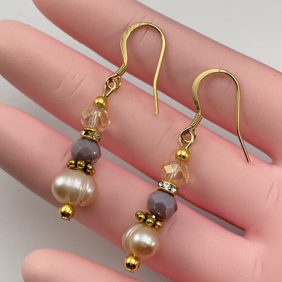 18K Gold Plated Freshwater Pearl Glass Beaded Dangle Earrings Bridal Cute Unique - Picture 5 of 6